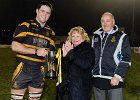 Devon v Cornwall 220413  Cornwal, lock and skipper Ben Hilton (Launceston) recives the Tamar Cup from Devon RFU Secretary Sarah Veacock and Cornwall RFU President Ken Plummber. Photo by Simon Bryant/Iktisphoto. Mobile: 07990592945. 22/04/13. : 22/04/13, Cornwall, Devon, Tamar Cup, Brickfields, Plymouth, Rugby Union, England